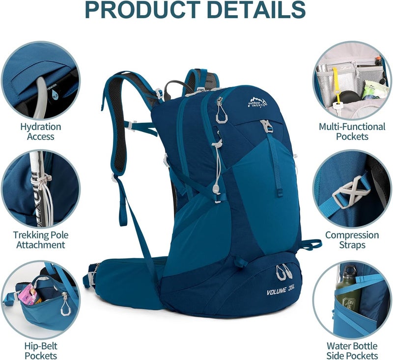 INOXTO IX Hiking Backpack, Waterproof Hiking Daypack with 3L Water Bladder and Rain Cover, Lightweight Travel Camping Backpack for Men Women (Blue) - Image 3